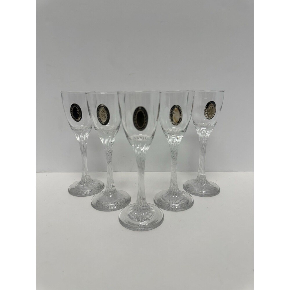 Set of 5 Crystal Cordial Liqueur Glasses w/ 925 Sterling Silver Oval Medallions
